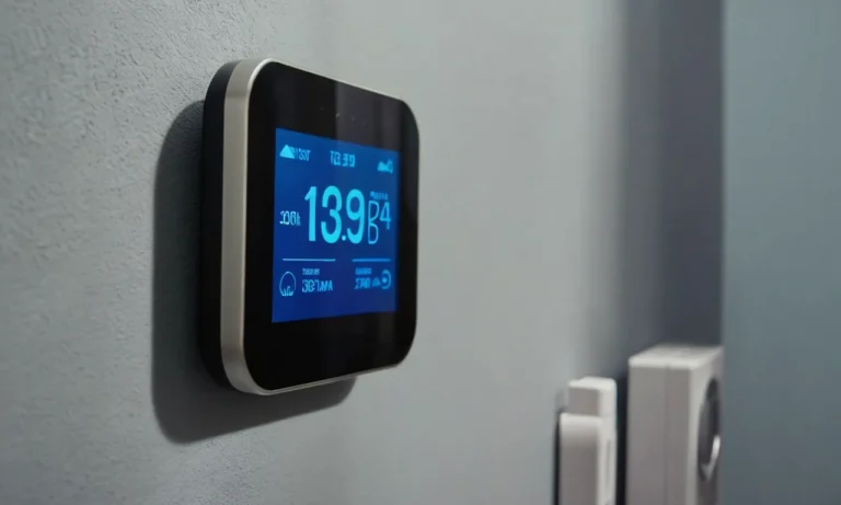 A close-up shot of a sleek smart thermostat standing out on a wall, displaying different temperature zones on its crisp touchscreen interface.