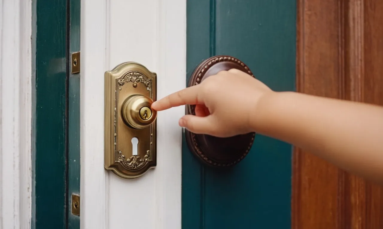A close-up photo capturing a child's hand reaching for a front door knob, while a sturdy and reliable child safety lock is clearly visible, ensuring their protection and preventing accidental access.