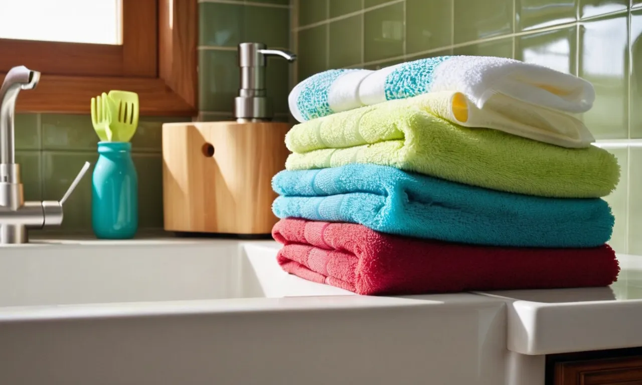 A close-up photo showcasing a stack of vibrant, absorbent kitchen towels neatly folded and placed next to a sparkling clean kitchen sink filled with drying dishes.