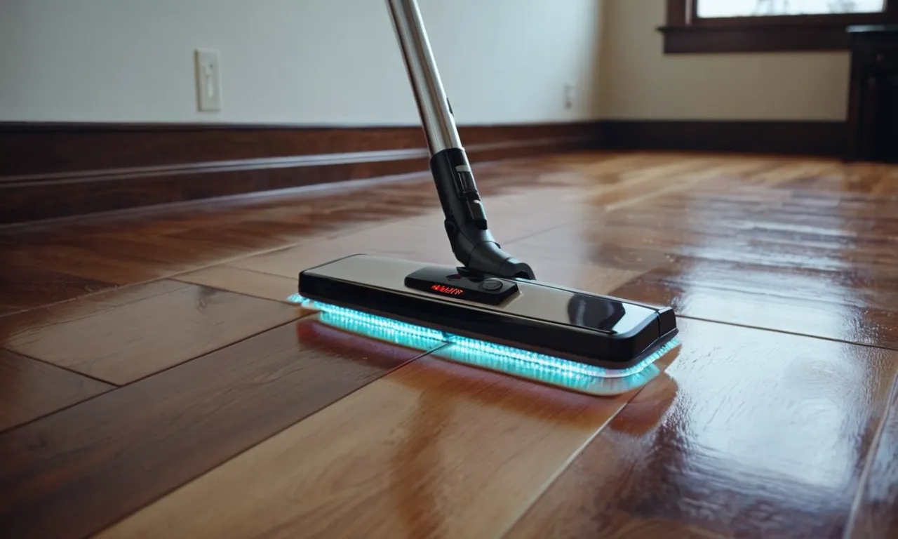 A close-up shot of a sleek electric mop gliding effortlessly over a pristine hardwood floor, leaving behind a trail of sparkling cleanliness.