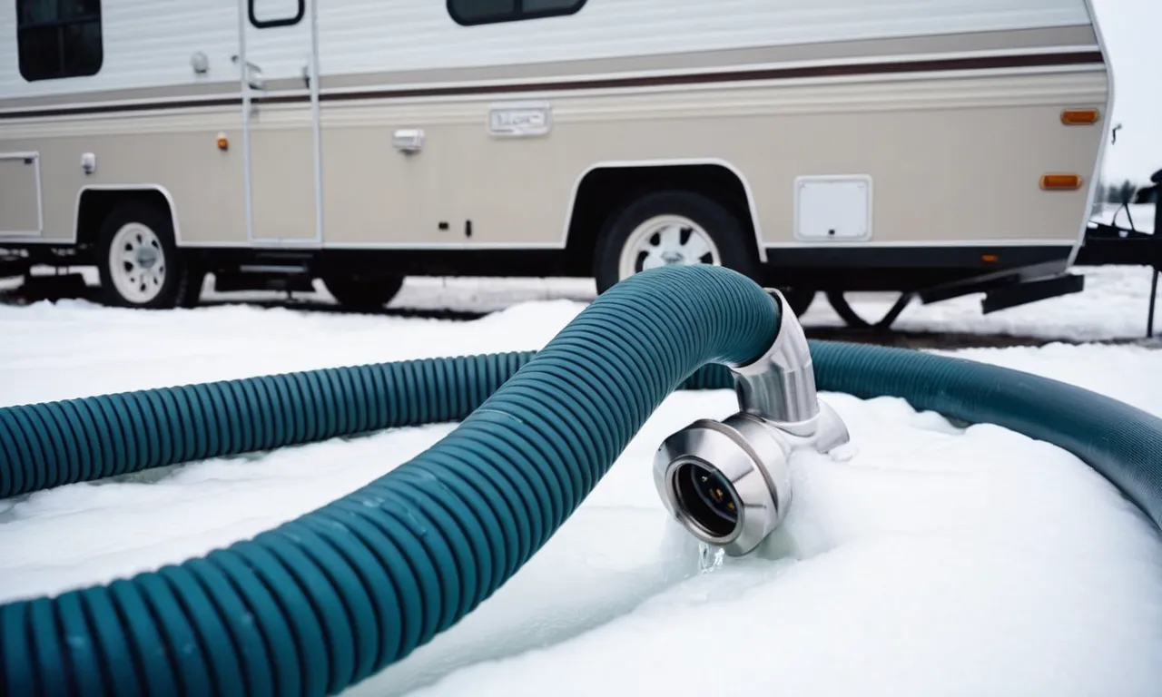 A close-up shot of a durable and flexible heated water hose connected to an RV, ensuring a constant supply of warm water even in freezing temperatures.