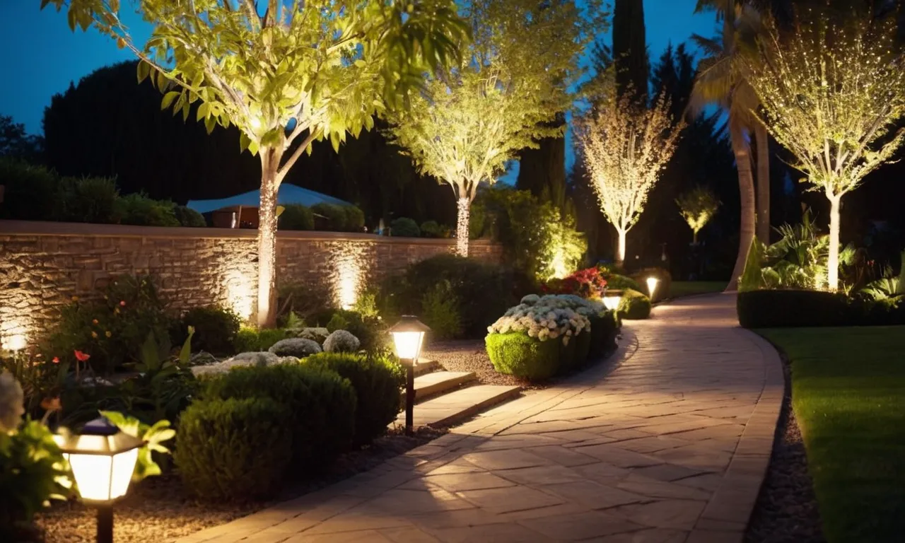 A captivating night-time shot capturing a beautifully lit garden pathway, adorned with solar lights that emit a warm and steady glow, illuminating the surroundings throughout the entire night.