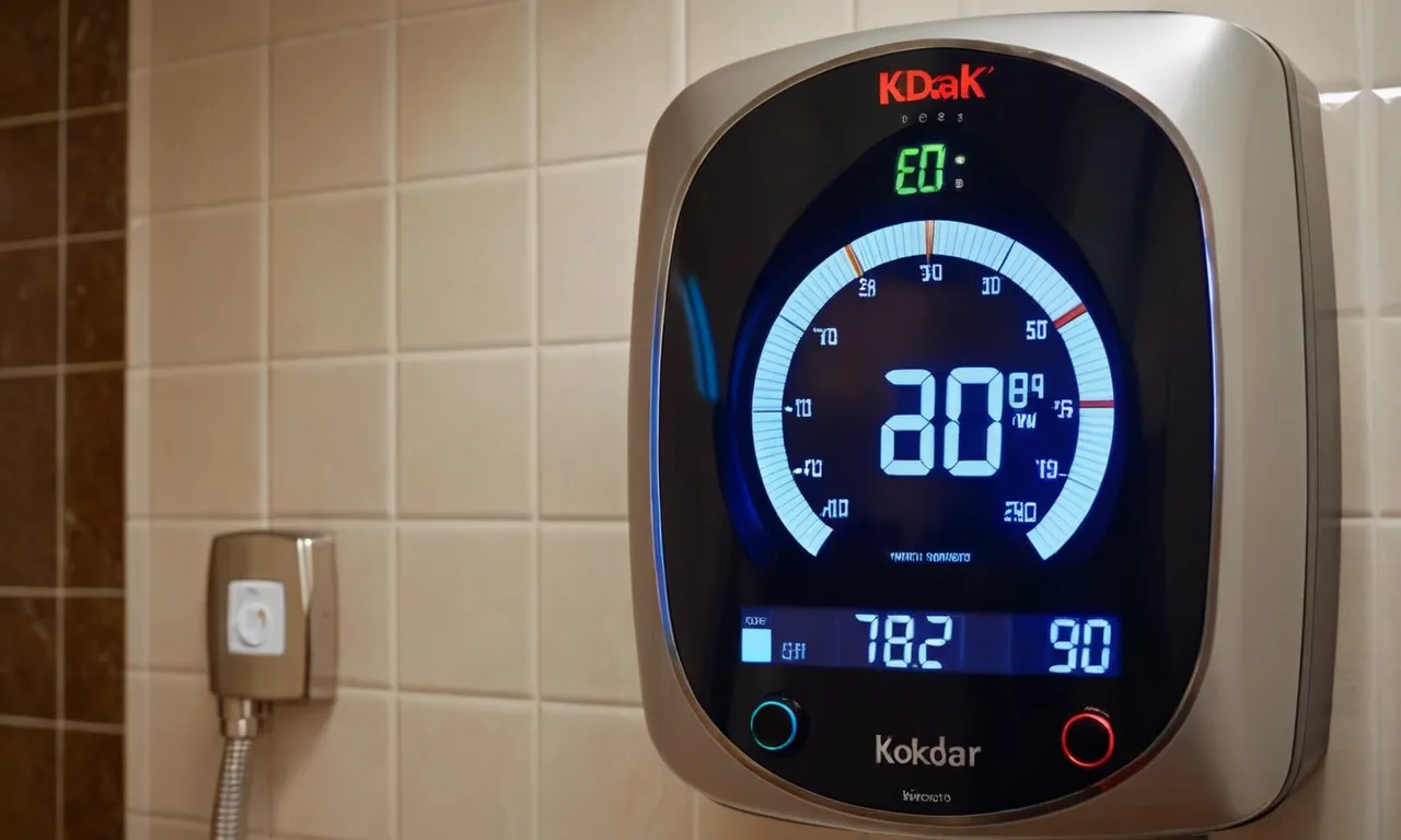 A close-up shot of a sleek, modern electric on-demand water heater, mounted on a bathroom wall, with its digital display showing the water temperature and energy efficiency rating.