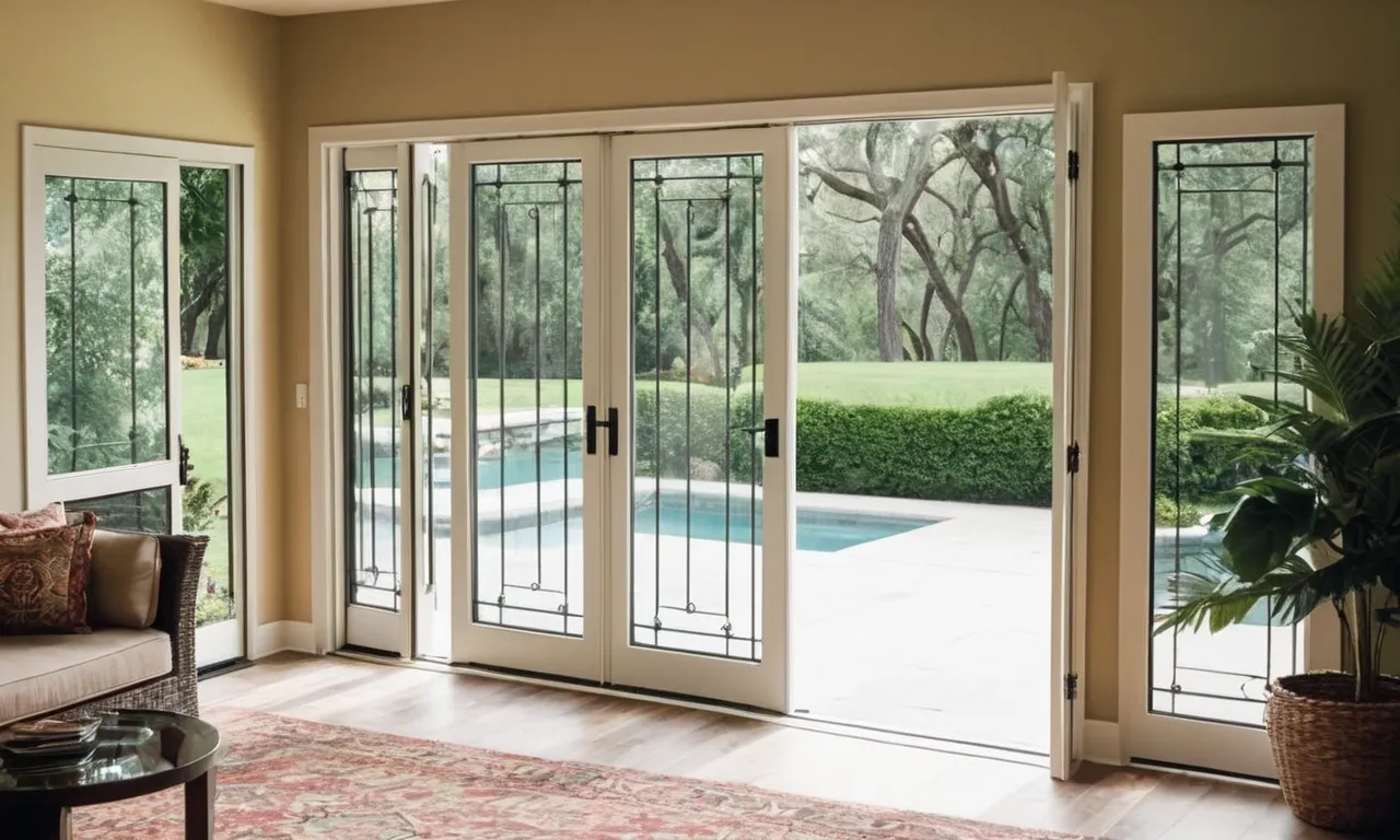 A captivating photo showcasing a beautifully designed French door with the best retractable screen door seamlessly integrated, allowing an unobstructed view of the lush outdoor scenery while maintaining a bug-free environment.