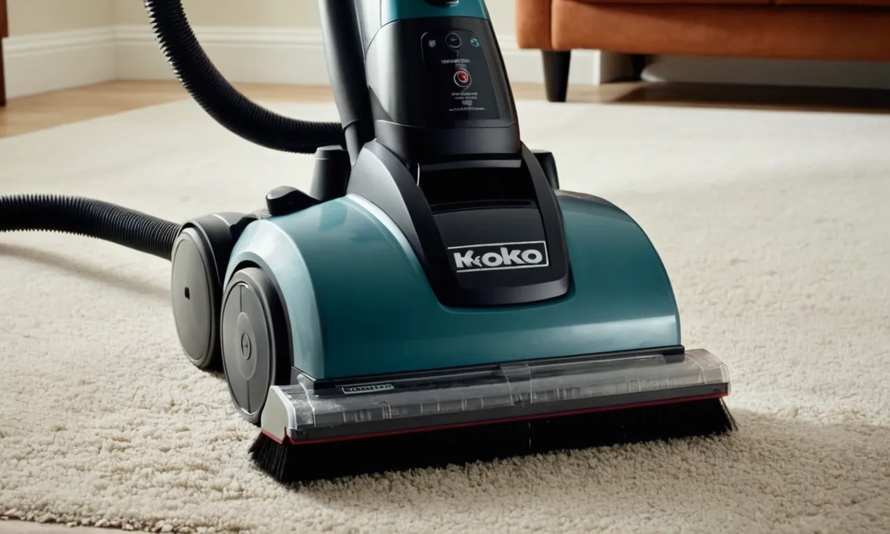A close-up shot of a carpet cleaner machine gently removing pet hair and stains, showcasing its powerful suction and specialized brushes for effective cleaning.