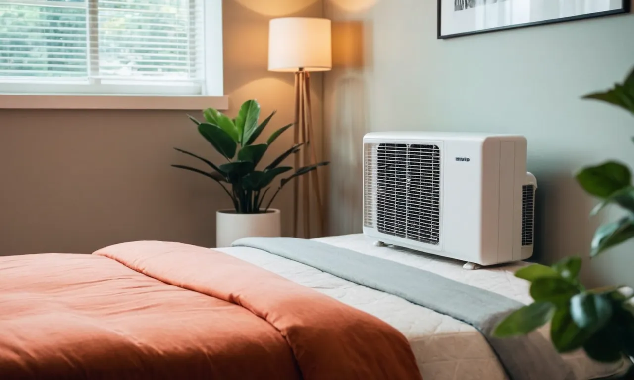 A snapshot of a serene bedroom, showcasing a sleek and compact portable air conditioner seamlessly blending into the decor, providing optimal comfort and coolness during hot summer nights.
