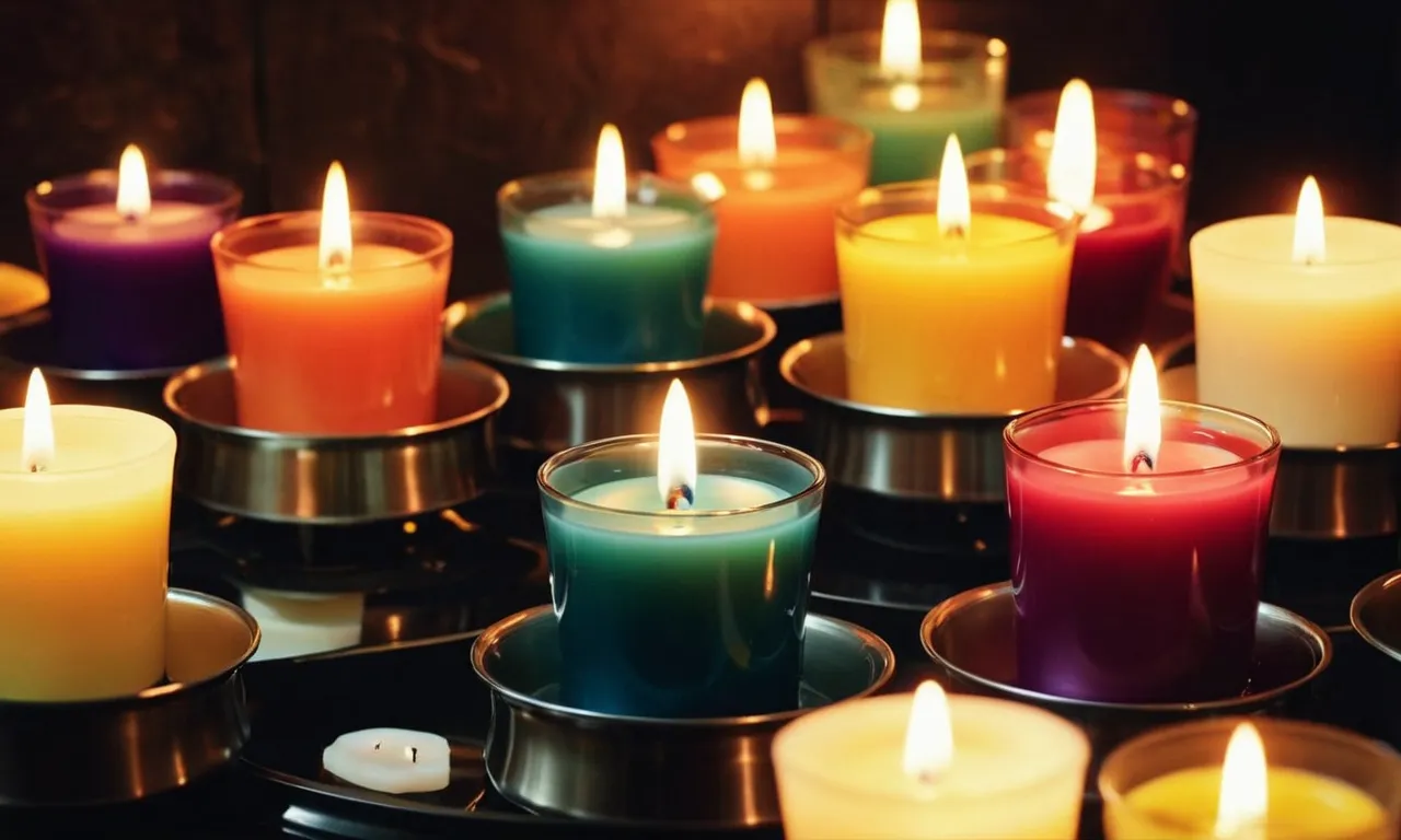 A close-up shot capturing a sleek, stainless steel wax melter, surrounded by colorful, fragrant candles in various stages of melting, emanating a warm and inviting glow.