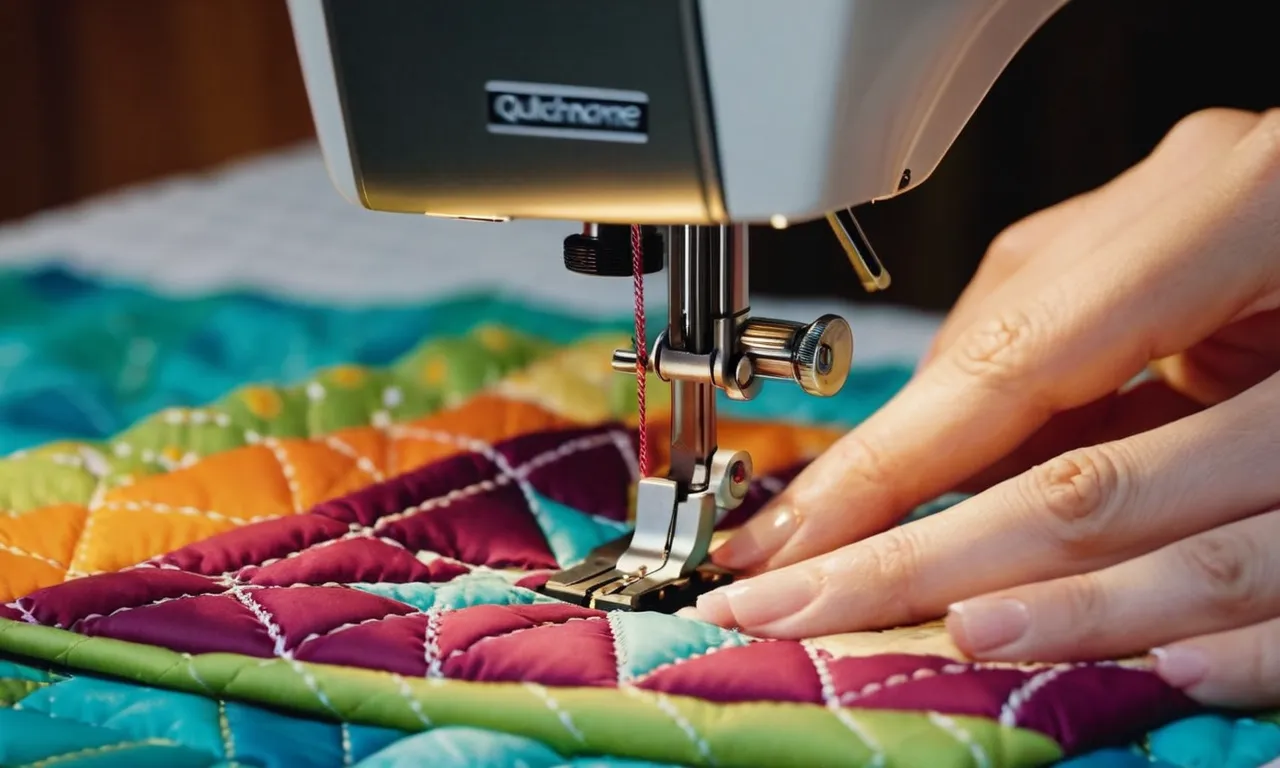 A close-up shot capturing the hands of a beginner quilter guiding fabric through a sleek and user-friendly sewing machine, creating beautiful stitches on a vibrant and intricate quilt pattern.