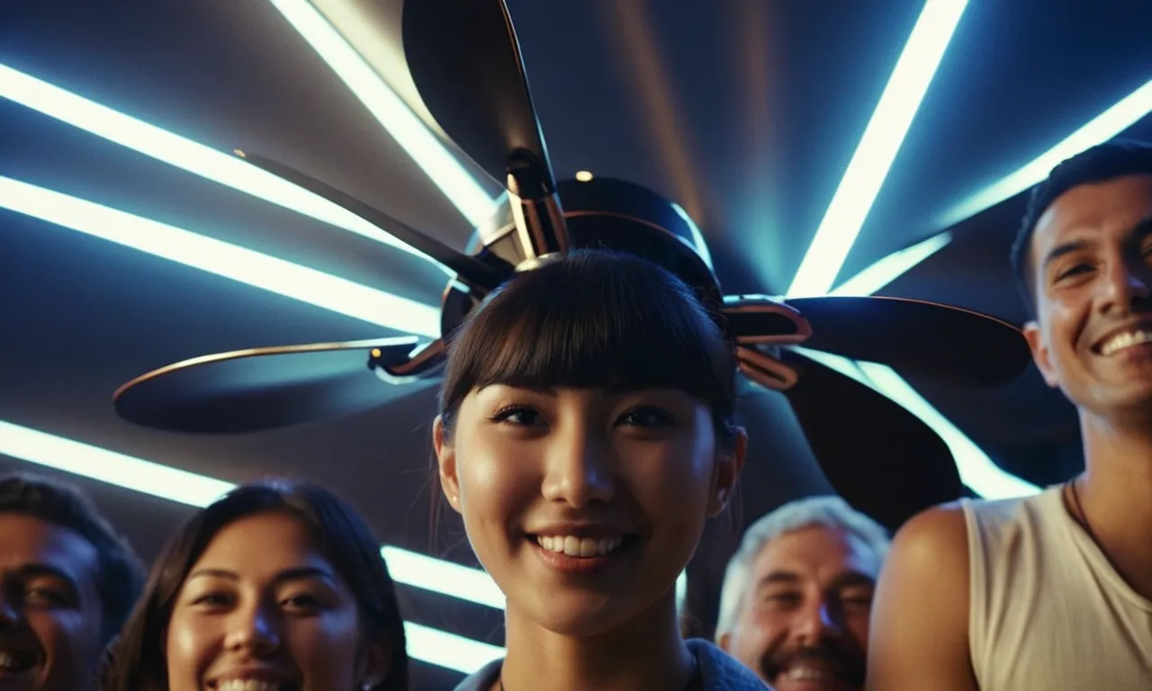 A close-up shot of a sleek, modern fan with a futuristic design, surrounded by a group of people, their faces lit up with joy and relief as the cool breeze from the fan washes over them.