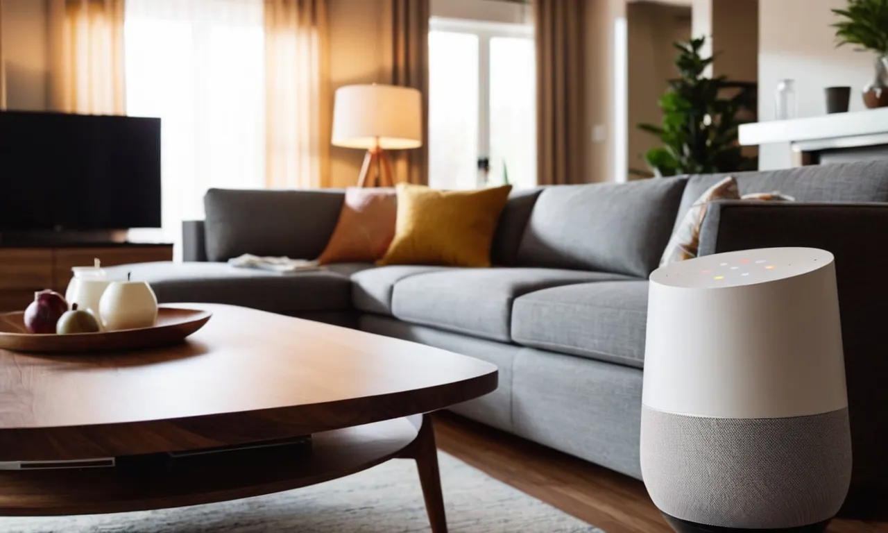 A close-up shot of a modern living room, showcasing the warm ambiance created by the best smart light bulbs for Google Home, casting a soft glow on the furniture and enhancing the overall aesthetic.