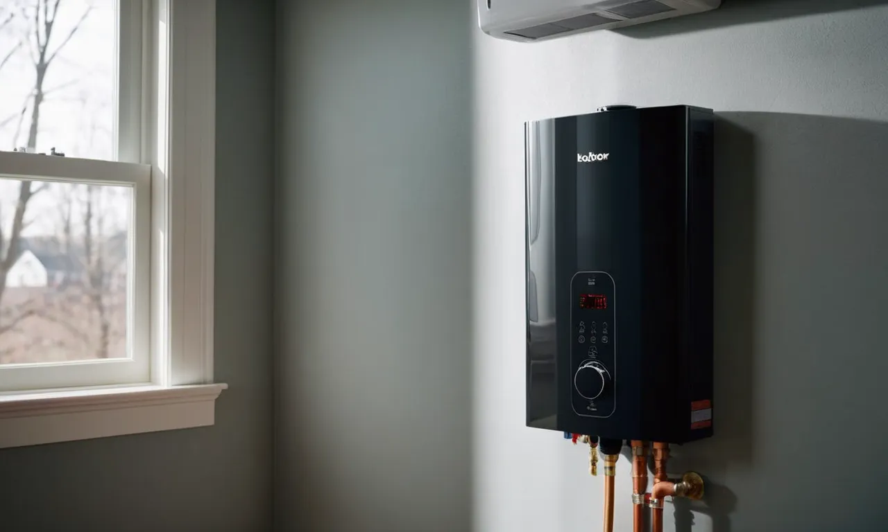 A close-up shot capturing the sleek design of a whole house electric tankless water heater, mounted on a wall, showcasing its efficiency and compactness.