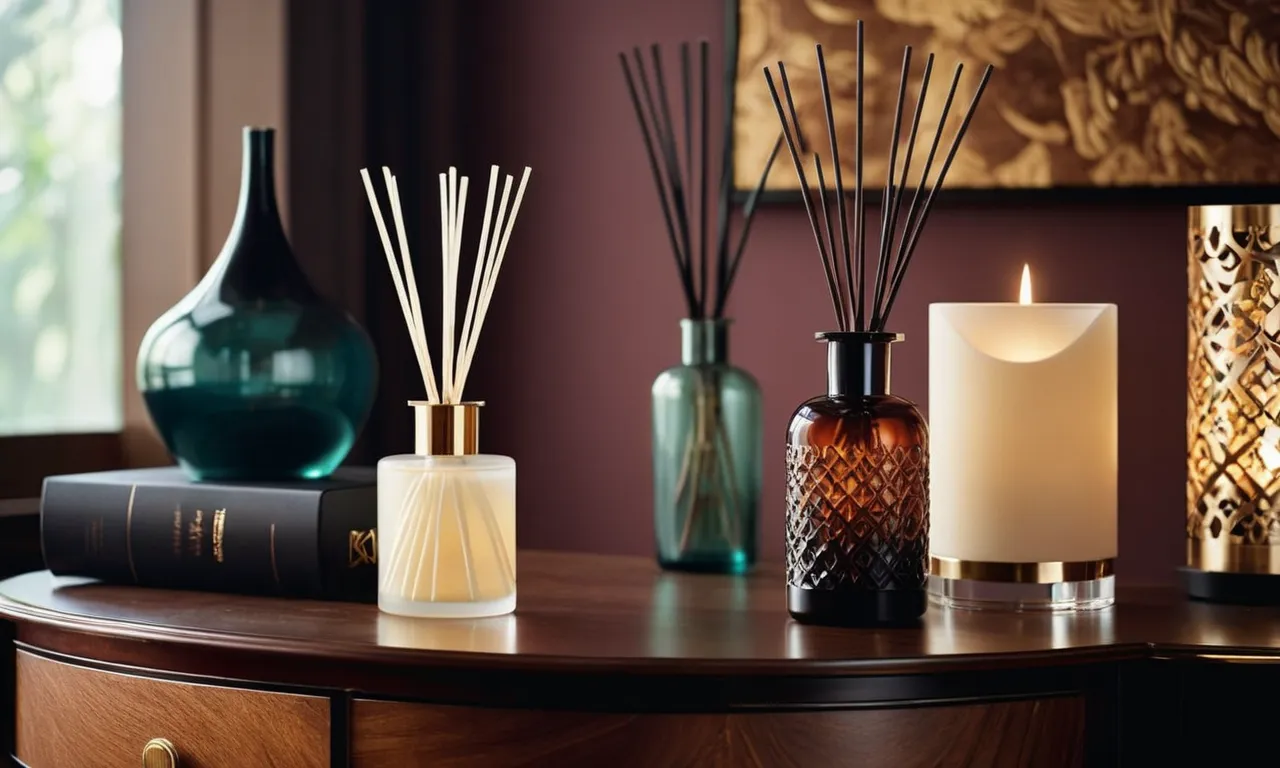 A captivating image showcases a beautifully decorated large room with strategically placed reed diffusers, enveloping the space in a calming fragrance, creating a serene ambiance for relaxation and tranquility.