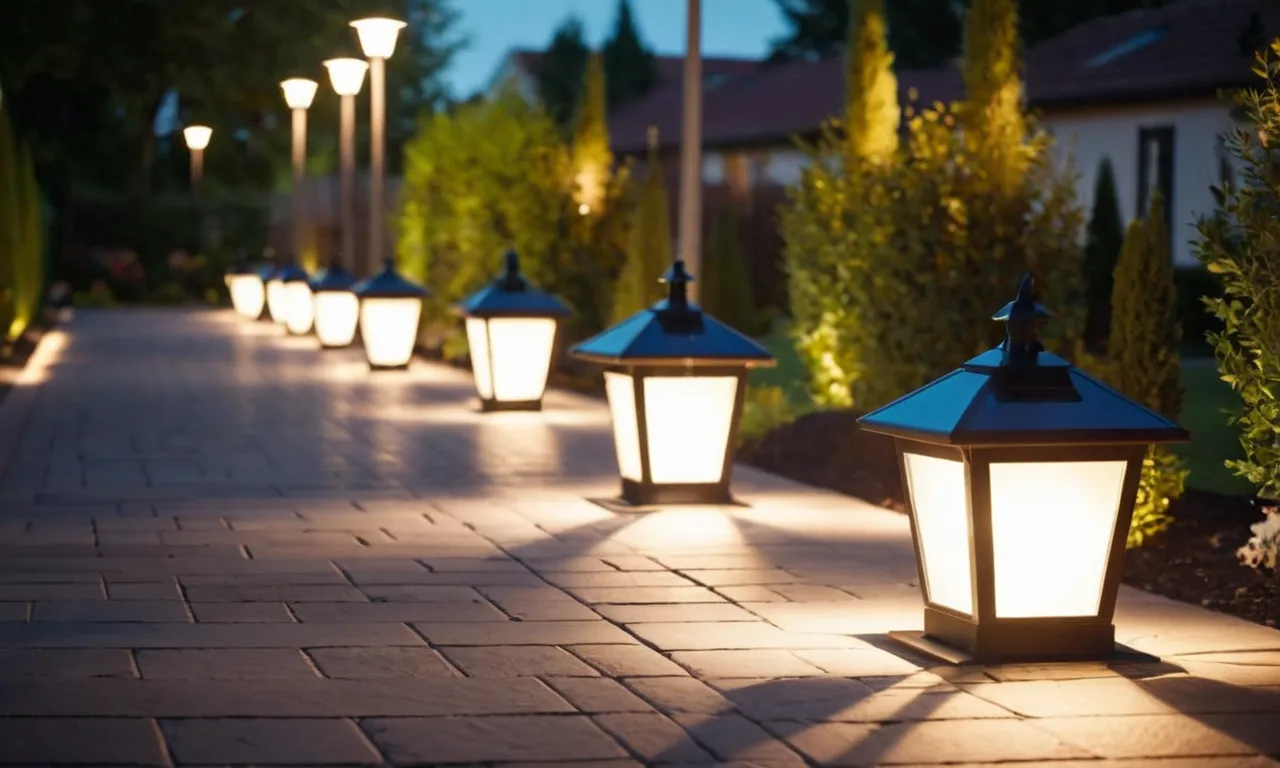 A close-up shot capturing the soft glow of elegant outdoor solar lights lining a beautifully paved walkway, illuminating the path with their eco-friendly radiance.