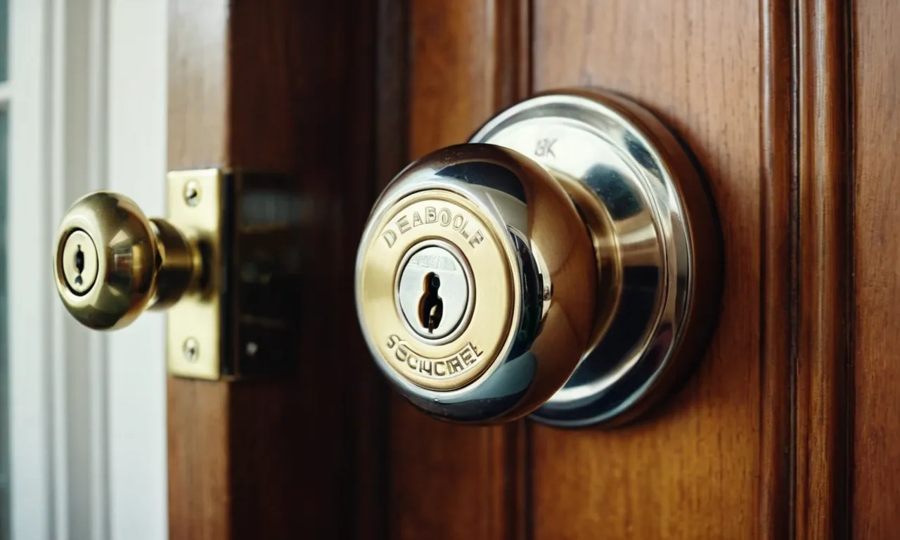 A close-up shot of a secure, heavy-duty deadbolt lock installed on a front door, emphasizing its sturdy construction and advanced locking mechanism for maximum home security.