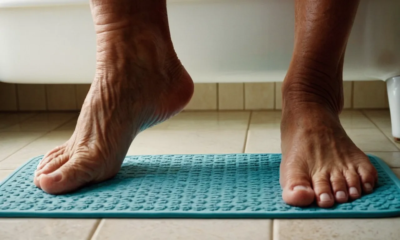 A close-up shot of an elderly person's feet firmly planted on a non-slip bath mat, showcasing its textured surface and secure grip for enhanced safety while bathing.