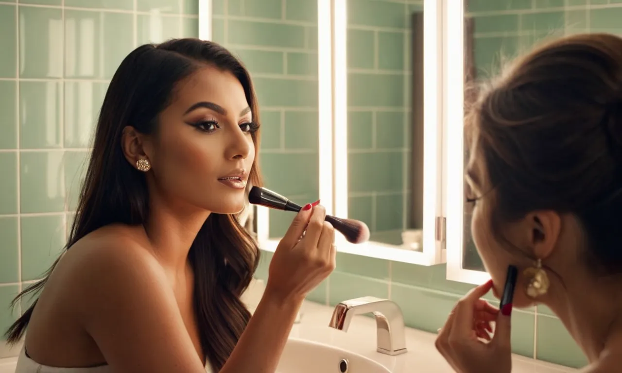 A close-up photo of a woman applying makeup in a well-lit bathroom, showcasing the flawless blending and color accuracy achieved with the best light bulbs specifically designed for makeup application.