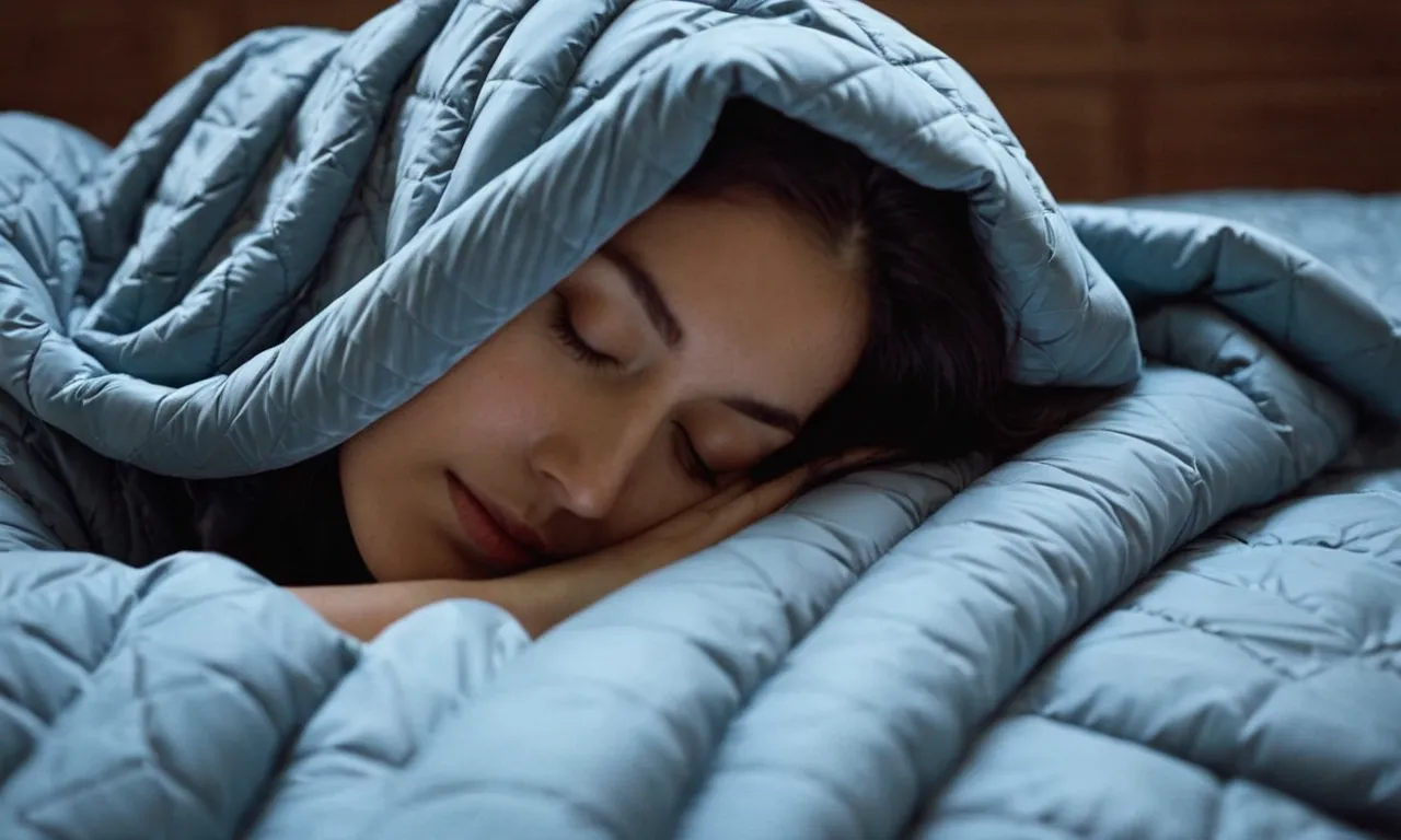 A close-up shot of a serene, glistening sleeper wrapped in a lightweight, breathable weighted blanket, with a faint smile hinting at the comfort and coolness it provides during hot nights.