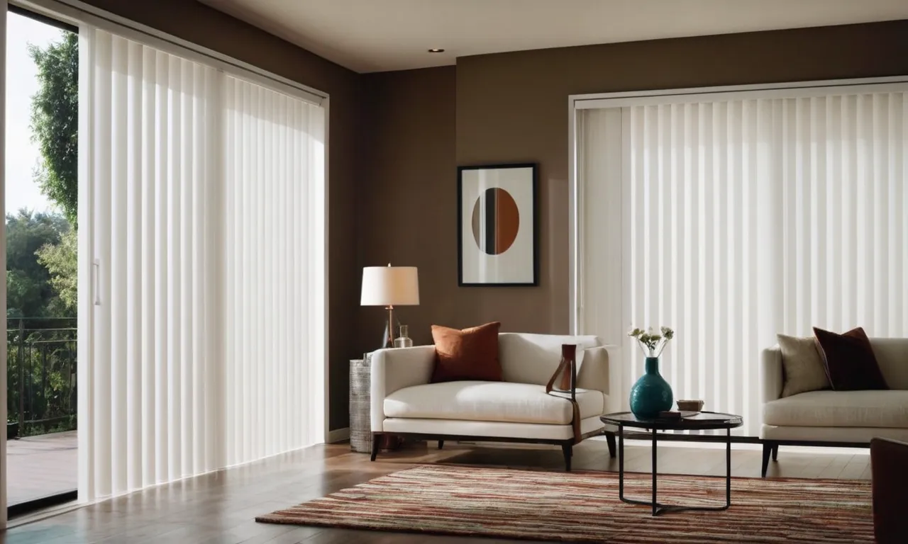 A well-lit room featuring elegant vertical blinds in a soft white shade, gracefully covering a sliding glass door, perfectly accentuating the space with their sleek design and functionality.