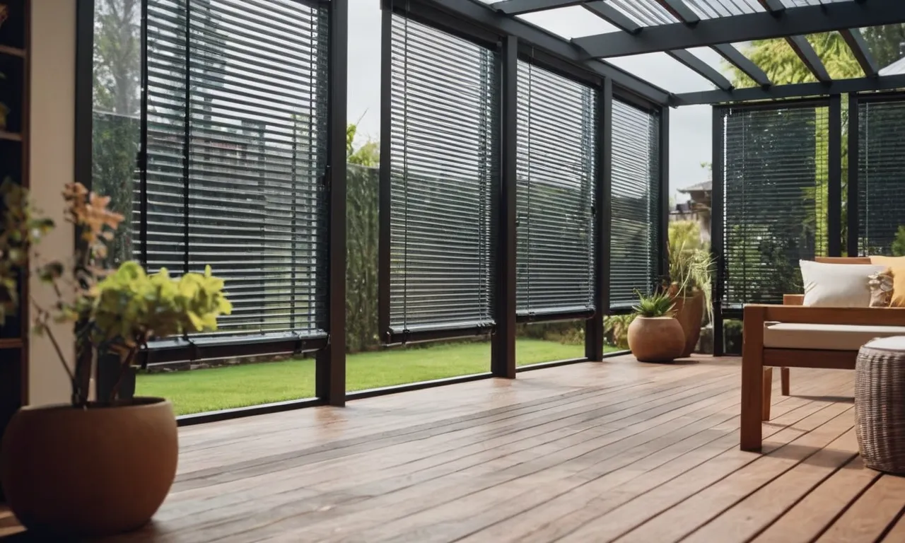 A captivating image showcasing a picturesque outdoor patio, adorned with durable and weather-resistant blinds that gracefully withstand the elements of wind and rain, providing a cozy and protected space.