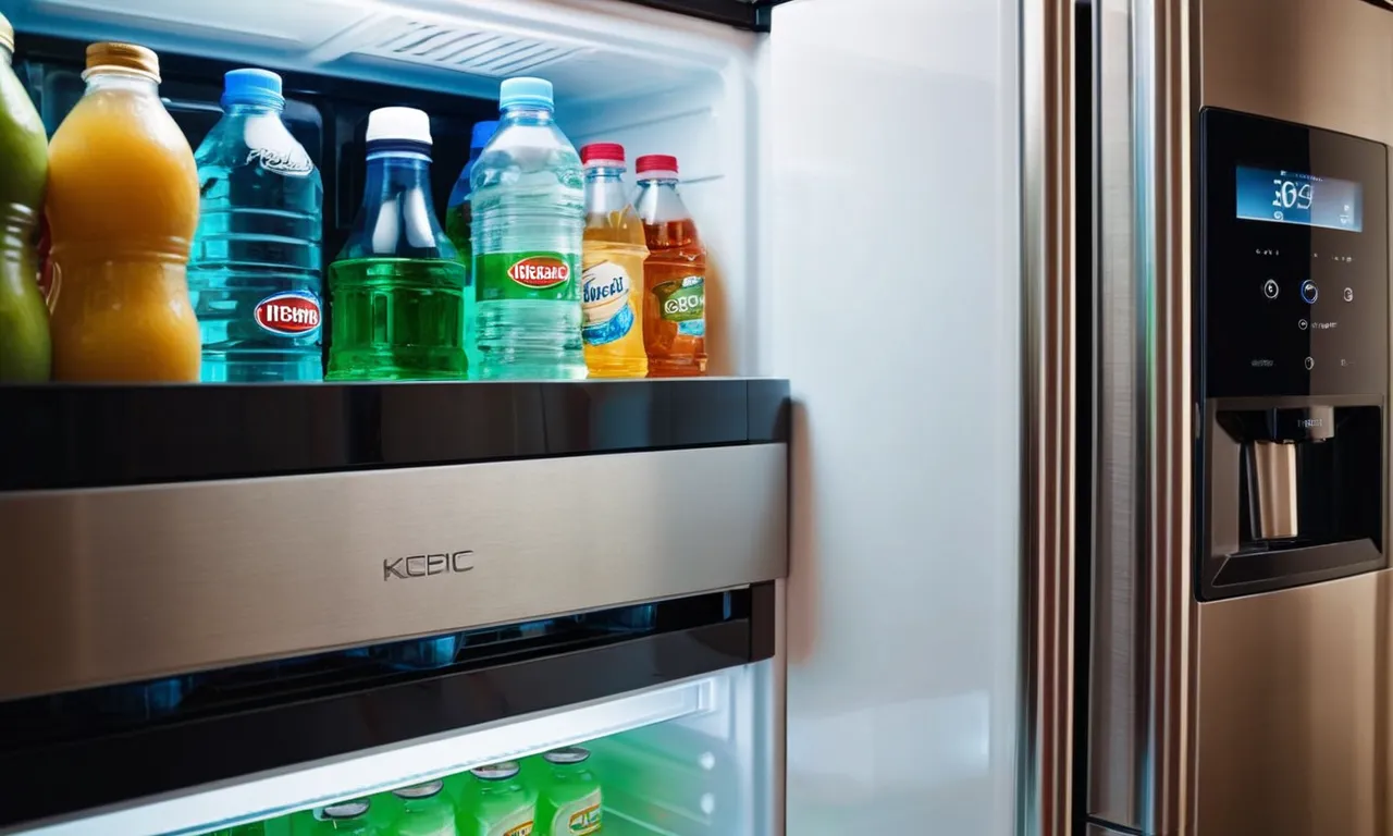 A close-up shot of a sleek refrigerator door displays a transparent inline water filter seamlessly integrated into the water dispenser, promising the best filtration for chilled and refreshing water.