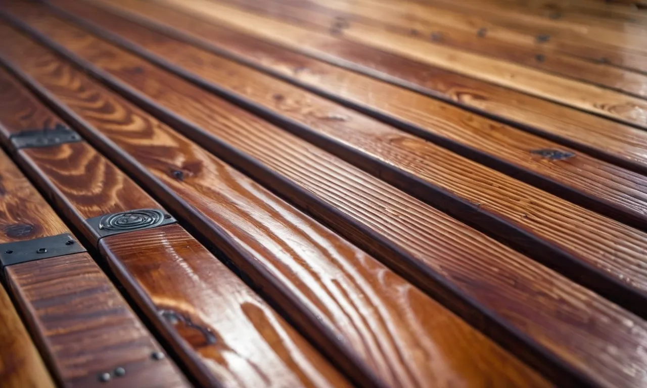 A close-up shot of a wooden deck, beautifully stained and sealed, showcasing the rich color and smooth finish, highlighting the effectiveness of the best exterior wood stain and sealer.