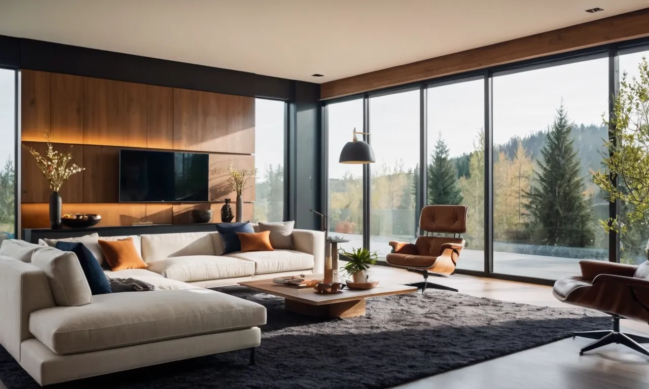 A captivating photo showcasing a modern living room with large windows, adorned with the best top-down bottom-up shades. Soft natural light filters through, illuminating the elegant space with a touch of privacy.