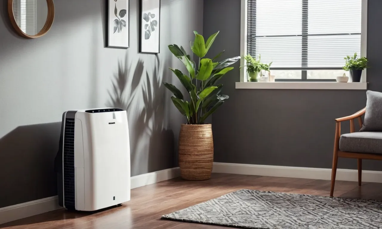 A photo of a sleek and compact 14000 BTU portable air conditioner placed in a well-ventilated room, providing cool and refreshing air while blending seamlessly with the modern decor.