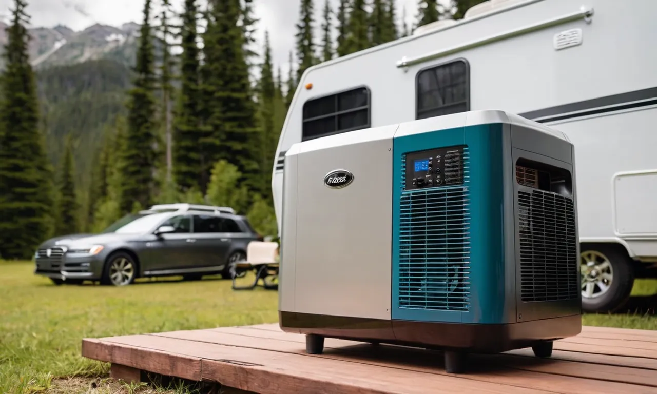 The photo captures a sleek, compact generator placed next to an RV air conditioner, ensuring uninterrupted power supply for a comfortable and cool camping experience.
