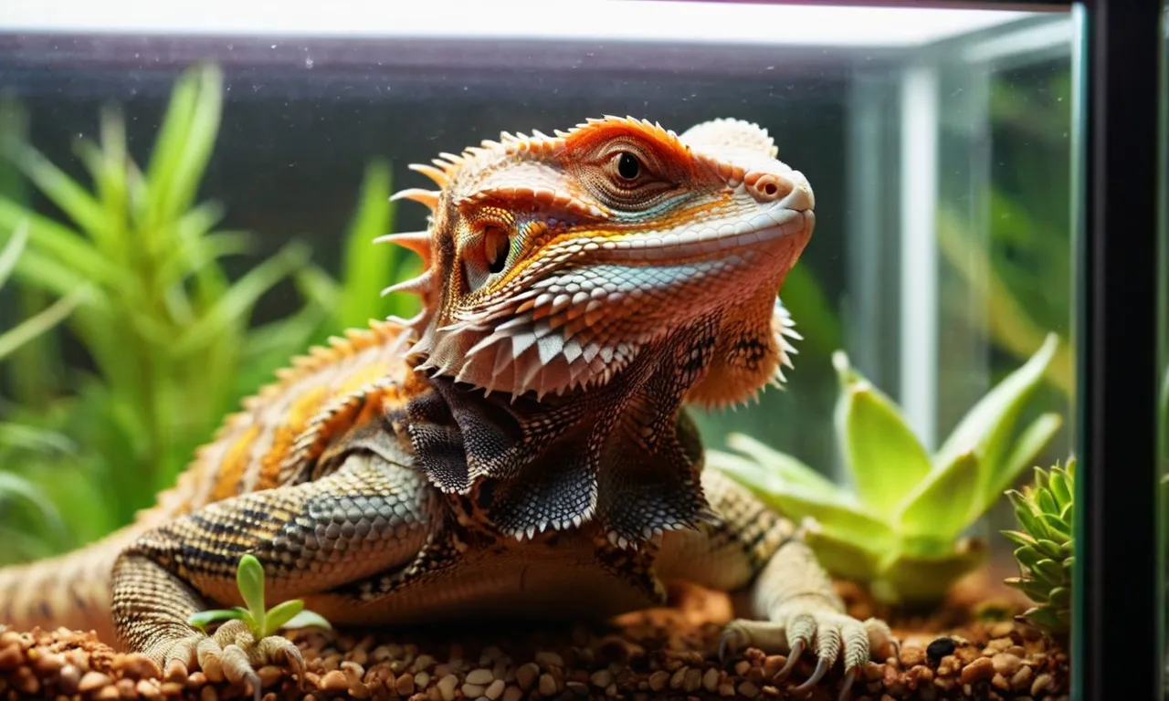 A close-up photo capturing the warm glow of a perfectly placed heat lamp, providing optimal basking conditions for a contented bearded dragon in its terrarium.