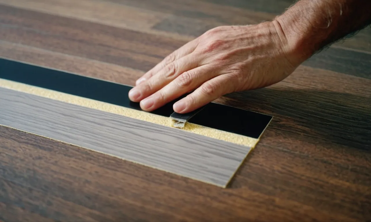 A close-up photo capturing a hand applying a high-quality, adhesive glue on the edge of a vinyl plank, ensuring a secure and long-lasting bond for the flooring installation.