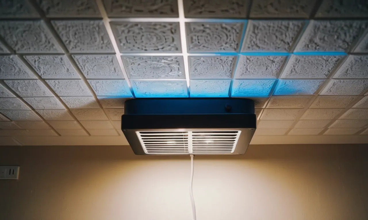 A close-up shot of a sleek bathroom exhaust fan with an LED light, illuminating the space while efficiently removing moisture and odors for a fresh and well-lit environment.