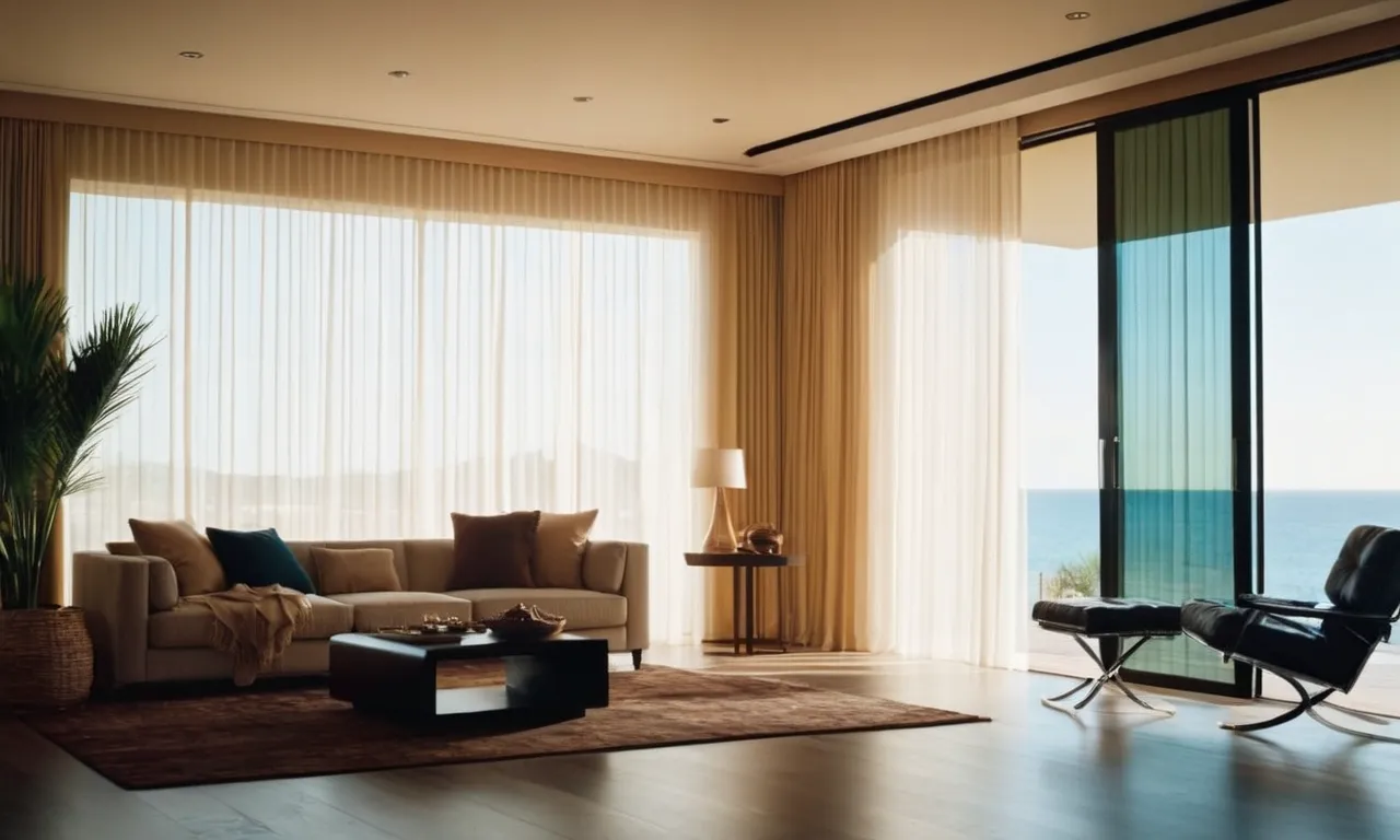 A beautifully lit room showcasing a sliding glass door covered with elegant floor-to-ceiling curtains, gently swaying in the breeze, creating a perfect blend of privacy and natural light.
