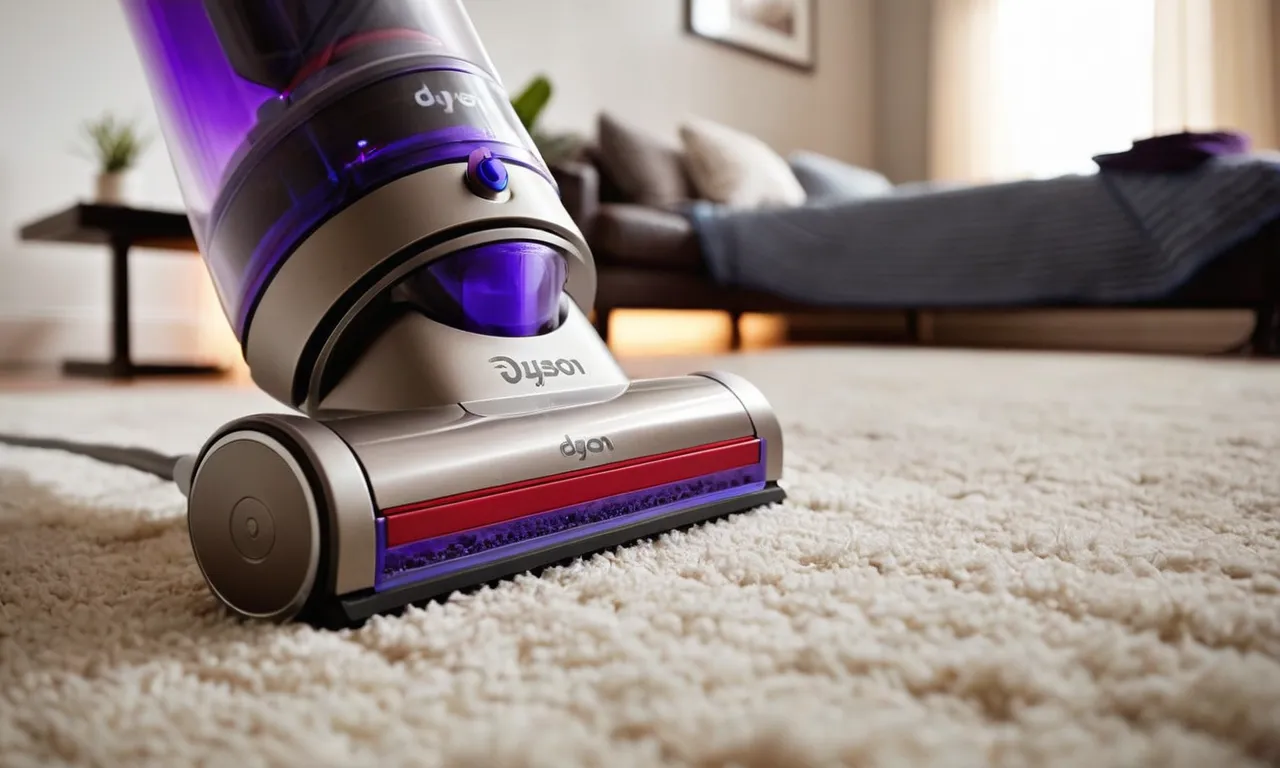 A close-up photo capturing a Dyson cordless vacuum in action, effortlessly removing pet hair from a plush carpet, showcasing its effectiveness and suitability for tackling pet-related messes.