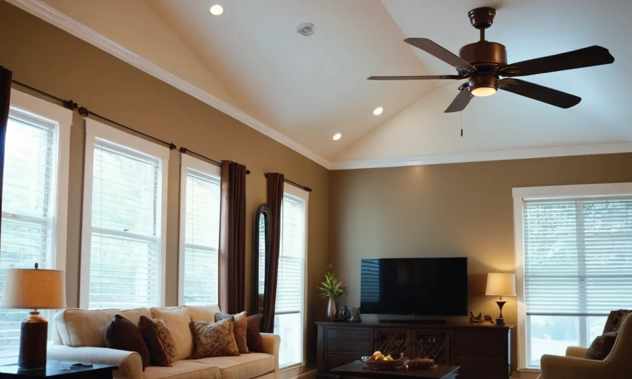 A captivating shot showcasing a sleek and elegant ceiling fan suspended gracefully from a towering high ceiling, exuding a sense of grandeur and providing optimal air circulation in a spacious room.