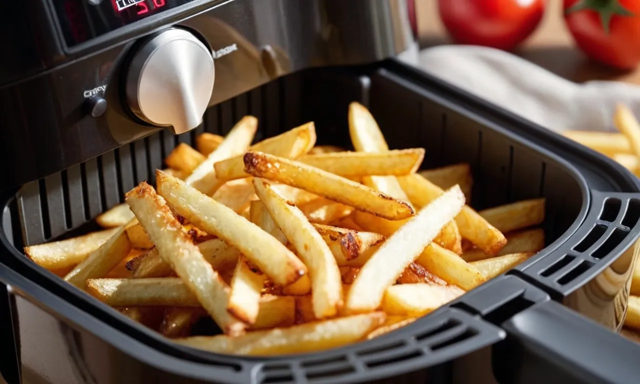 A close-up shot of an air fryer in action, showcasing a perfectly cooked batch of golden crispy fries, lightly coated with the best oil spray, glistening under soft lighting.