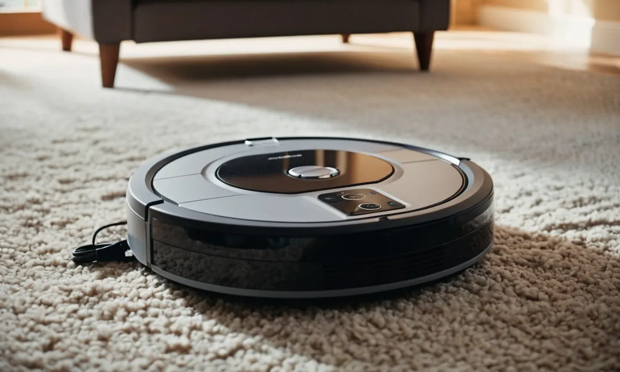 A photo capturing a sleek, efficient robot vacuum effortlessly gliding across a carpeted floor, its bin filled with pet hair, showcasing its exceptional ability to clean and maintain a hair-free environment.