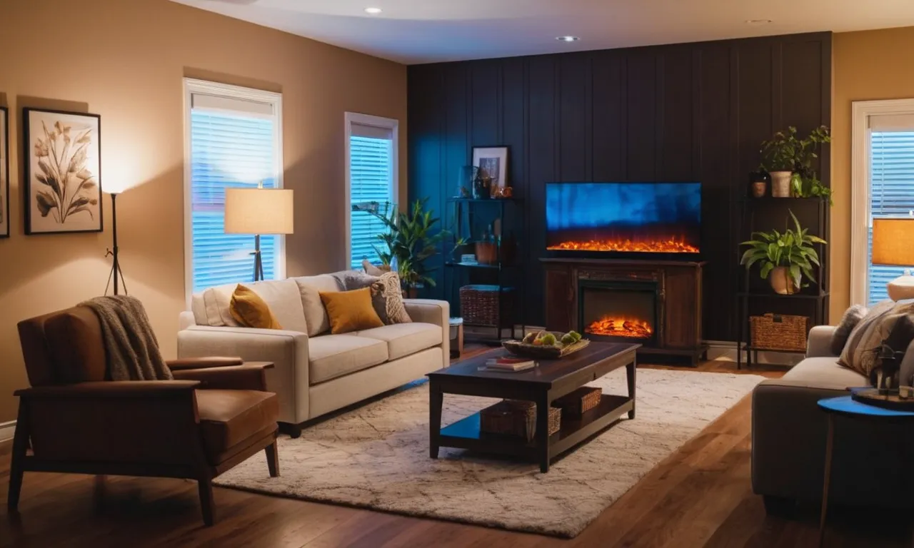 A cozy living room illuminated by a soft, warm glow from an electric heater, seamlessly blending into the decor of a large room, creating a comfortable and inviting atmosphere.