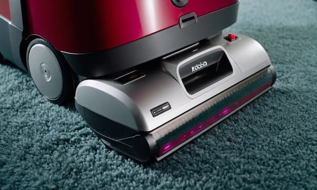 A close-up shot of a canister vacuum in action, capturing the intricate bristles and powerful suction mechanism as it effortlessly removes pet hair from a plush carpet.