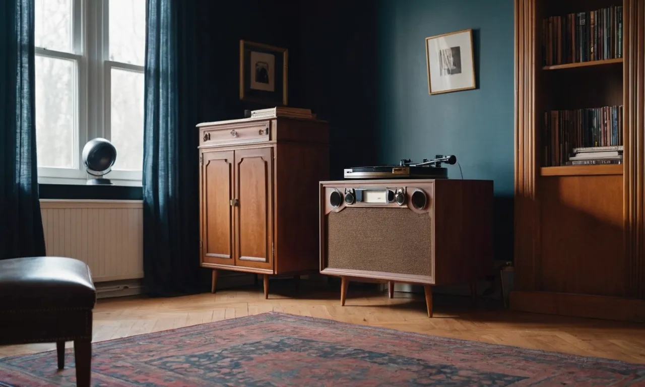 A photograph captures an empty room with a dusty antique record player cabinet as the focal point, evoking curiosity and contemplation about its hidden worth.