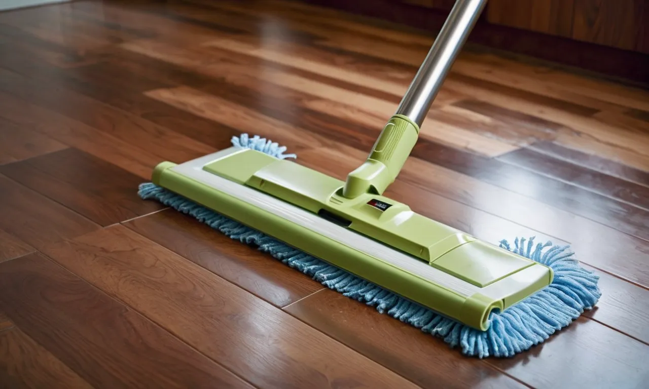 A close-up shot of a sleek, lightweight microfiber mop gliding effortlessly across a gleaming hardwood floor, capturing the essence of efficiency and effectiveness in maintaining pristine flooring.