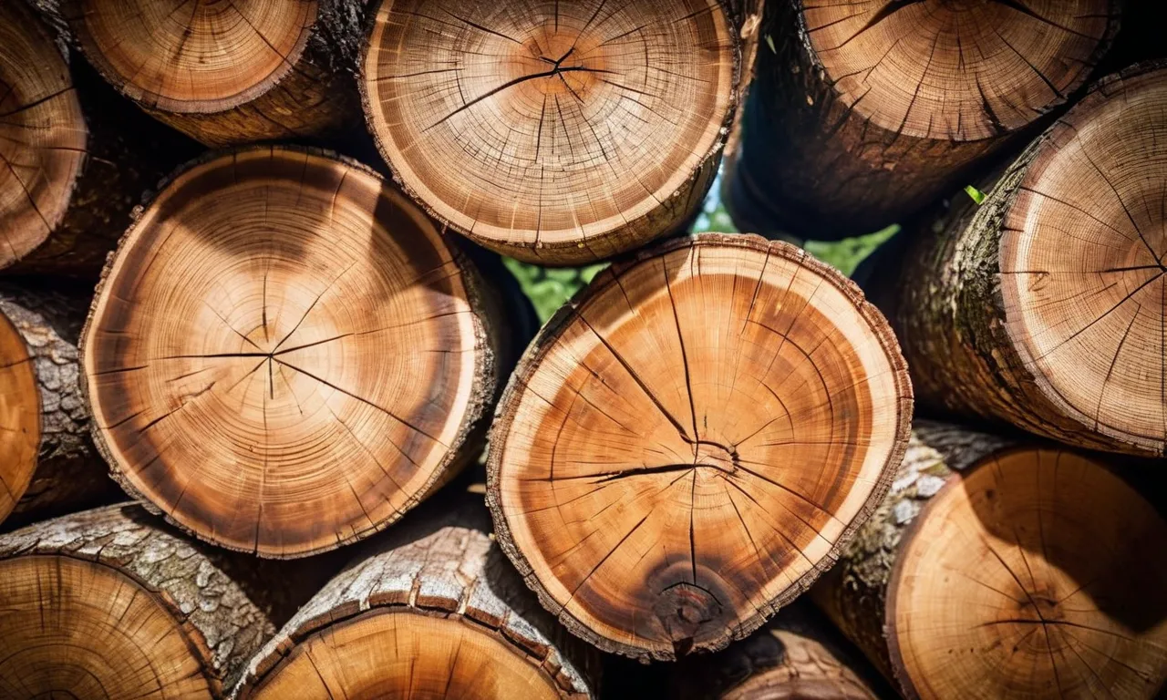 A close-up photo capturing the rich texture and intricate grain patterns of a stack of seasoned oak logs, perfectly suited for burning in a wood-burning stove.