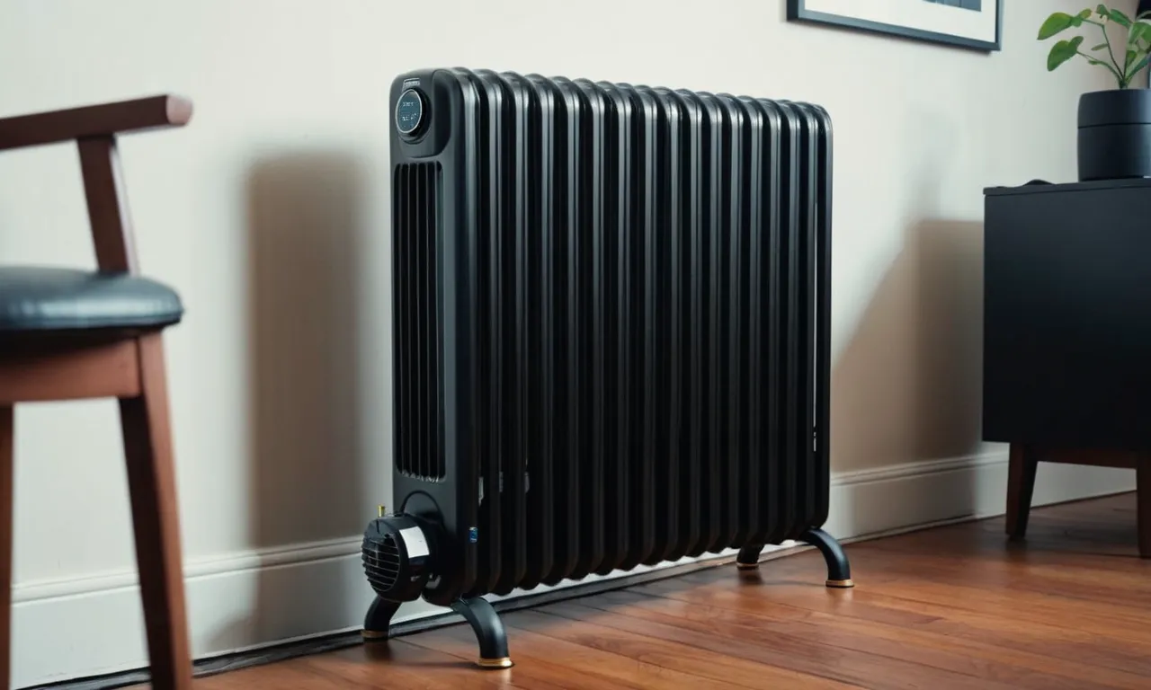 A close-up photo of a sleek and powerful oil filled radiator heater, standing tall in a large, well-lit room, emanating cozy warmth and comfort.