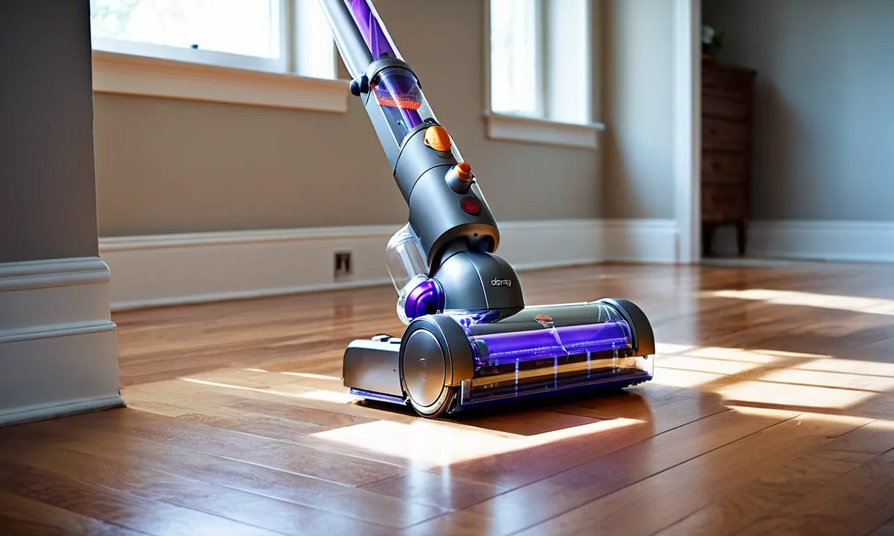 A beautifully lit photograph captures a sleek Dyson vacuum effortlessly gliding across pristine hardwood floors, leaving them spotless and gleaming.