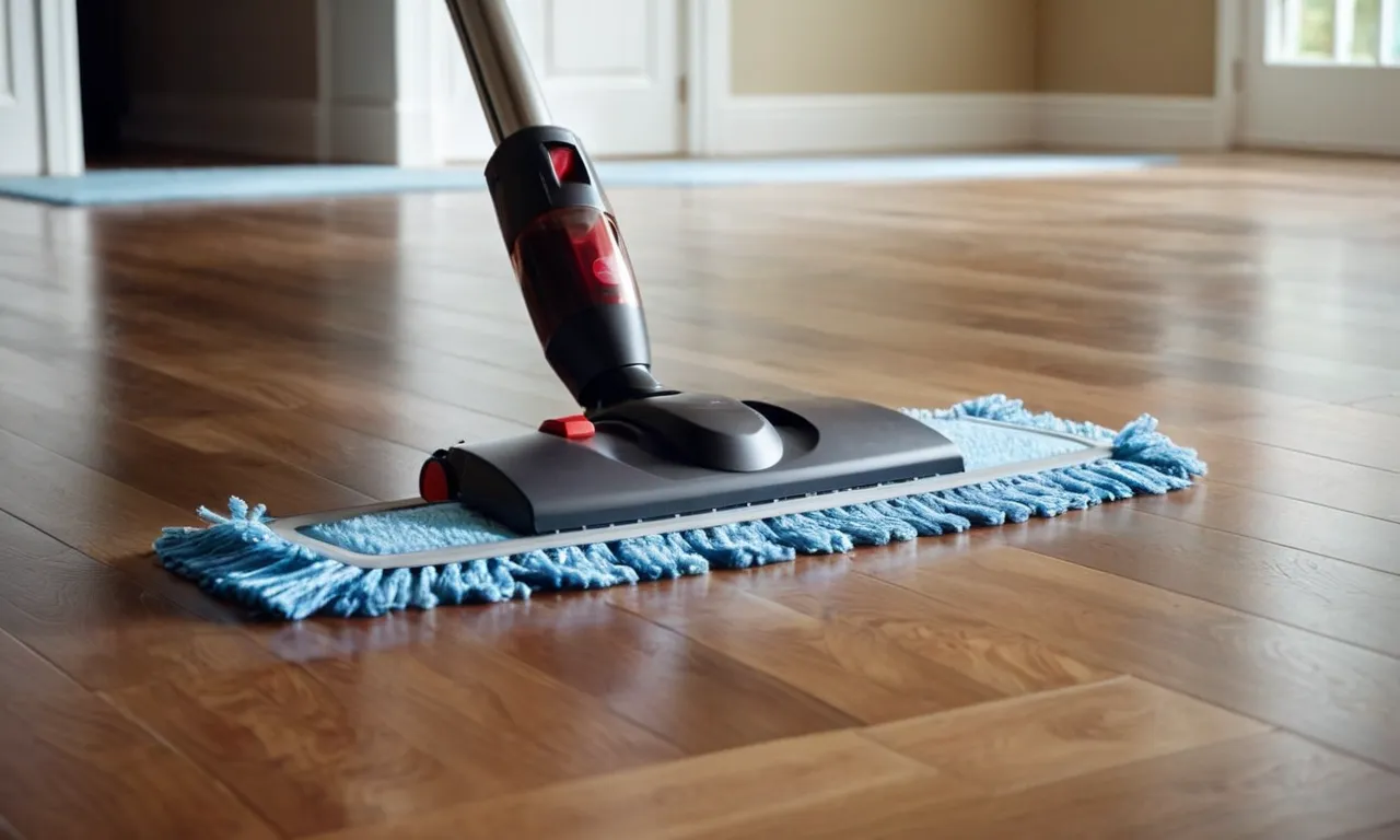 A close-up shot of a spray mop gliding effortlessly across a pristine laminate floor, leaving behind a streak-free shine, capturing the essence of the best spray mop for laminate floors.