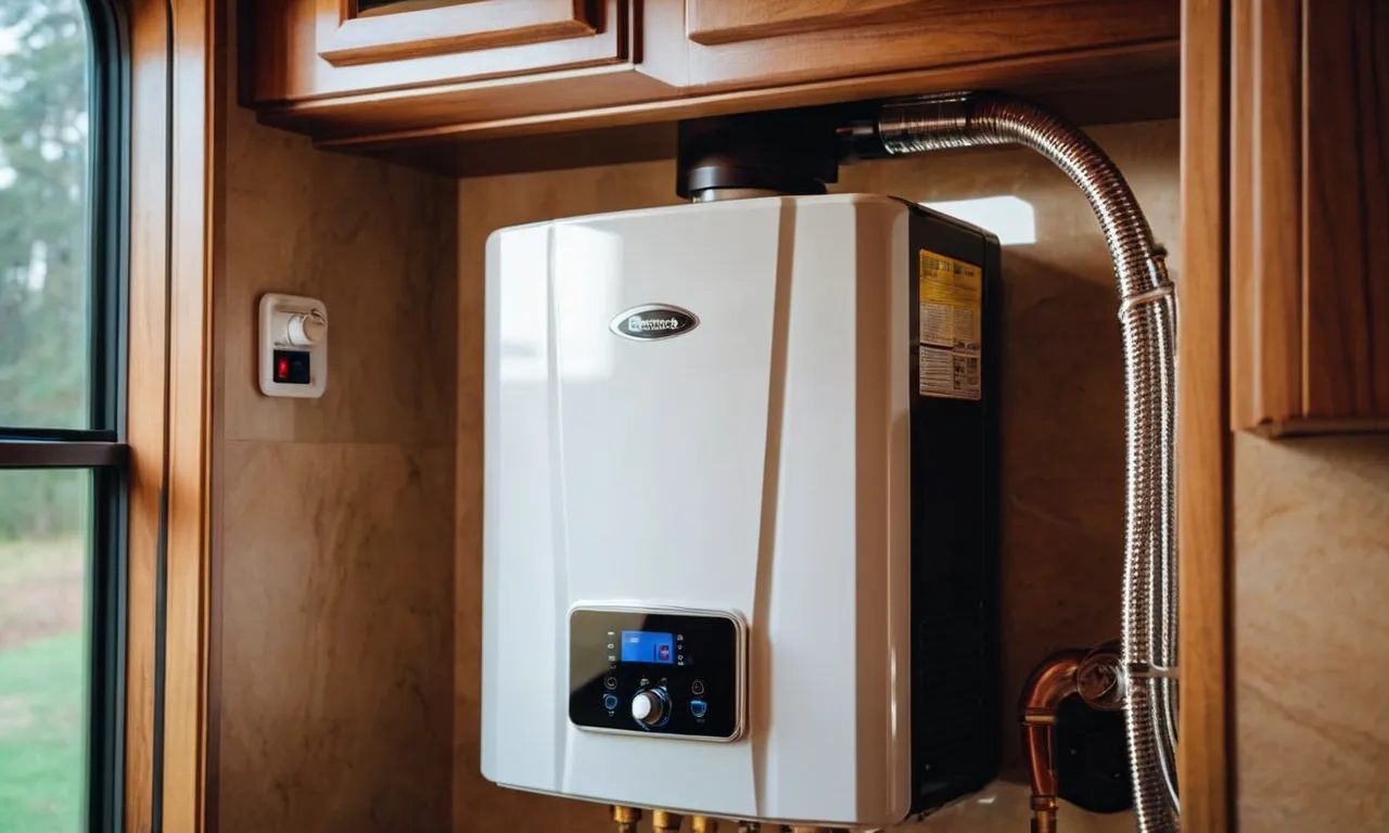 A close-up photo showcasing a sleek and compact tankless water heater installed in an RV, providing hot water on-demand while saving space and improving energy efficiency.