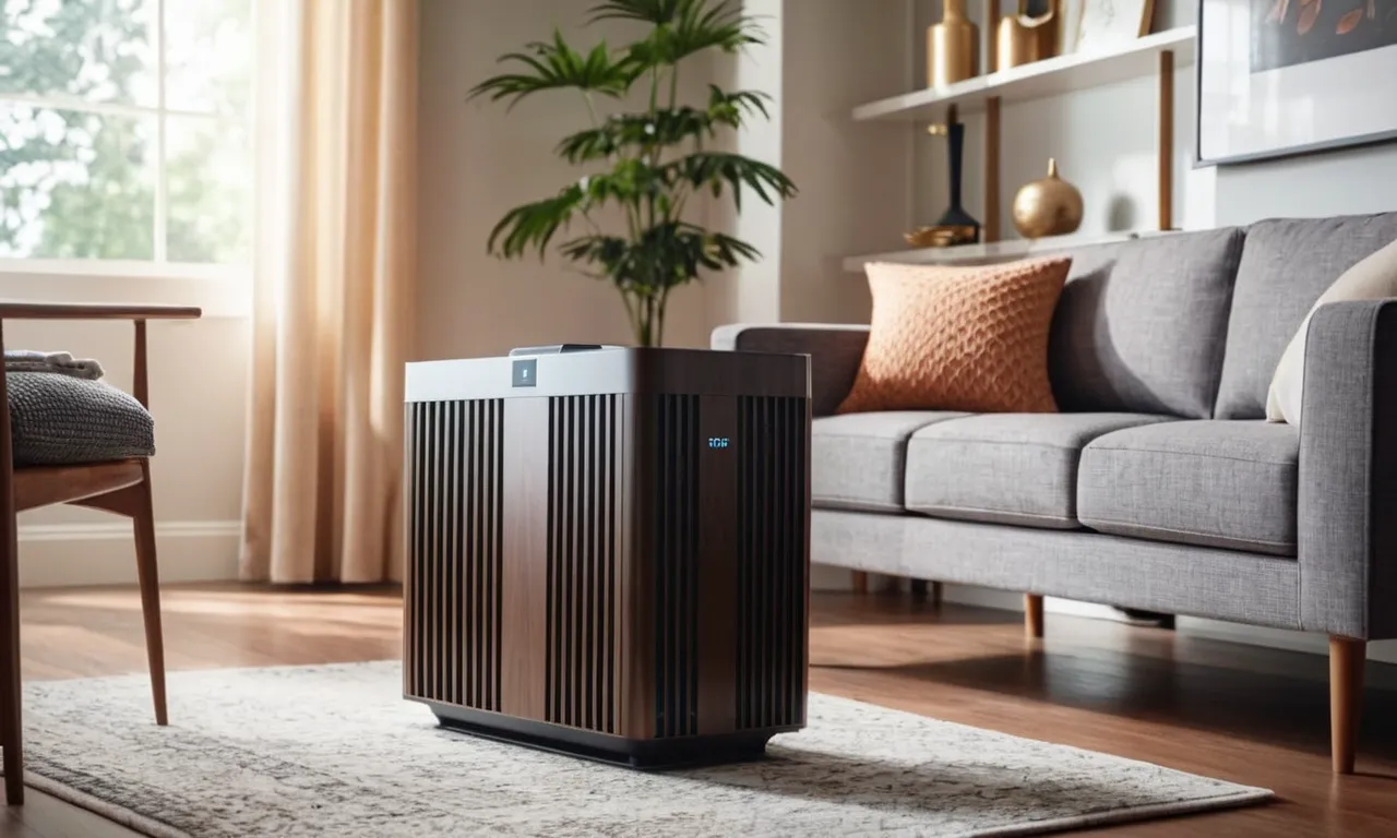 A well-lit photo capturing a sleek, modern air purifier in a living room, effectively filtering out VOCs and formaldehyde, creating a clean and healthy environment.