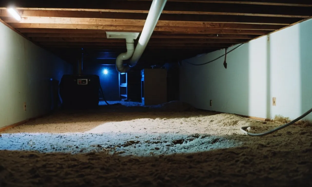 A dimly lit crawl space with a powerful exhaust fan mounted on the wall, efficiently removing dampness and stale air, ensuring optimal ventilation and preventing mold growth.
