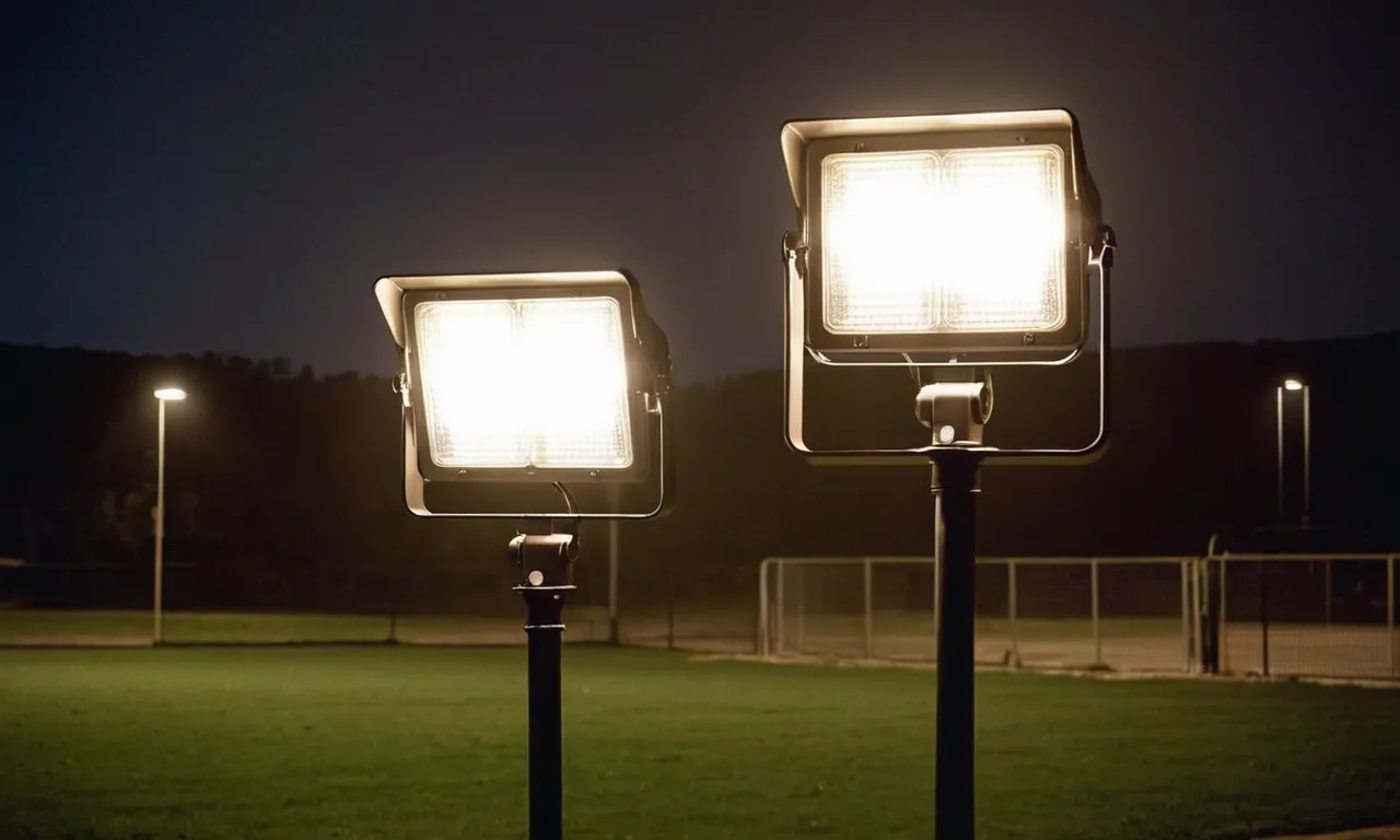 A captivating image showcasing the brilliance of flood lights with motion sensors, illuminating a dimly lit area, ensuring safety and heightened security.