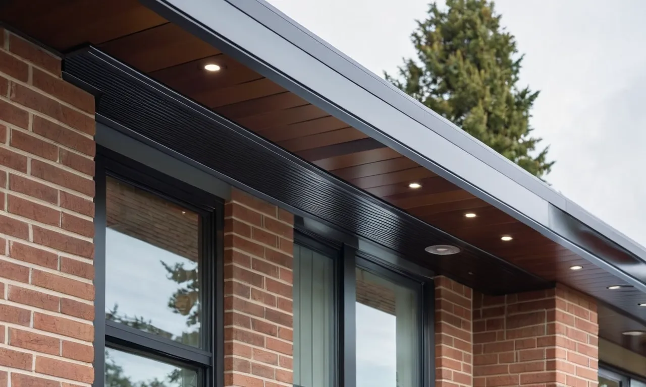 A close-up shot capturing the seamless blend of a sleek, modern soffit and fascia installation, showcasing the durability and aesthetic appeal of high-quality aluminum as the best material choice.