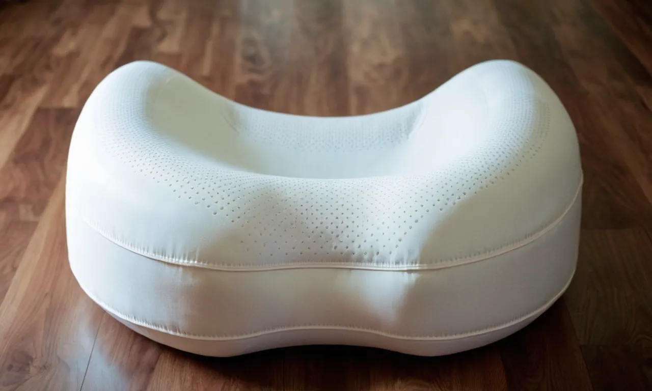 A close-up shot of a cervical orthopedic pillow, perfectly contoured to support the neck, providing relief and comfort for individuals suffering from a herniated disc.